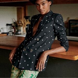 Sezane Veste Christie Lined Linen Cotton Blazer Polka Dots